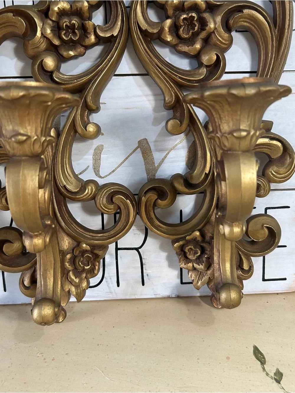 Vintage SET of 2 Homco Gold Bronze Ornate Floral Wall Sconces